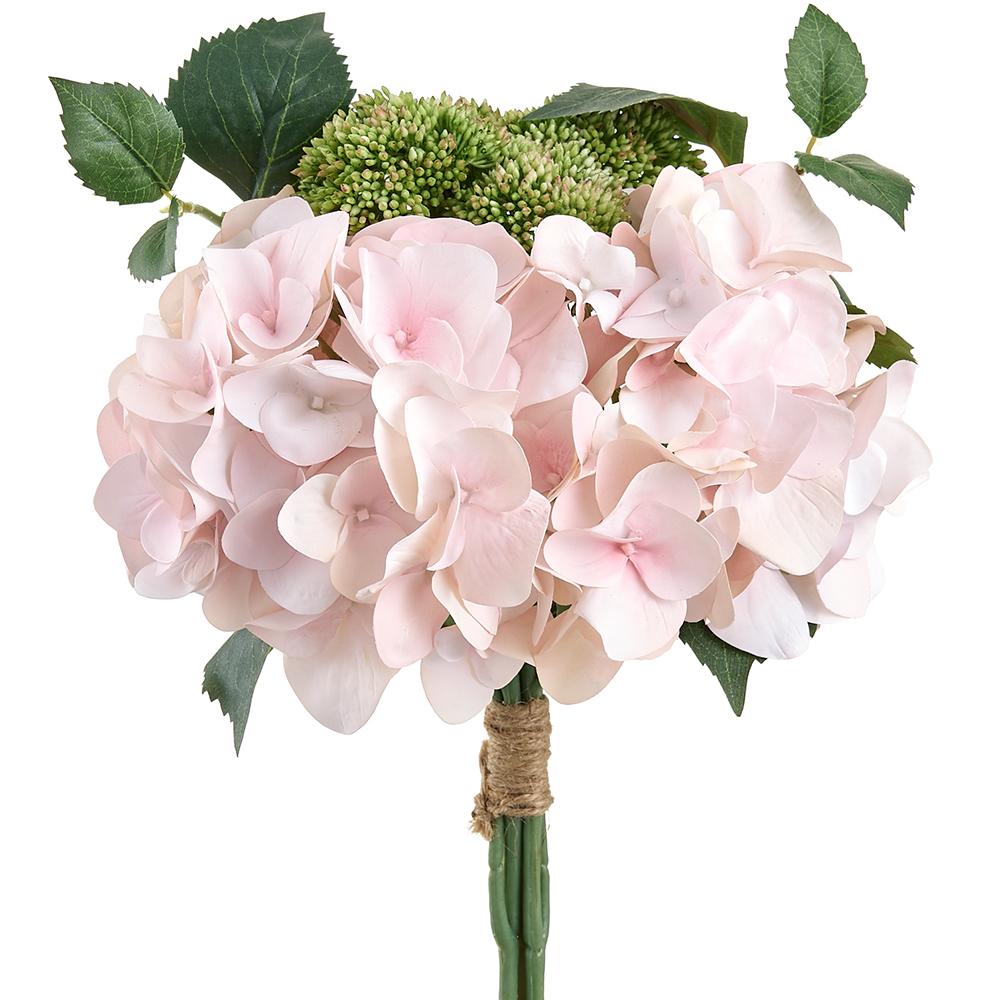Polyester hydrangea bouquet with wire stems in a natural green arrangement