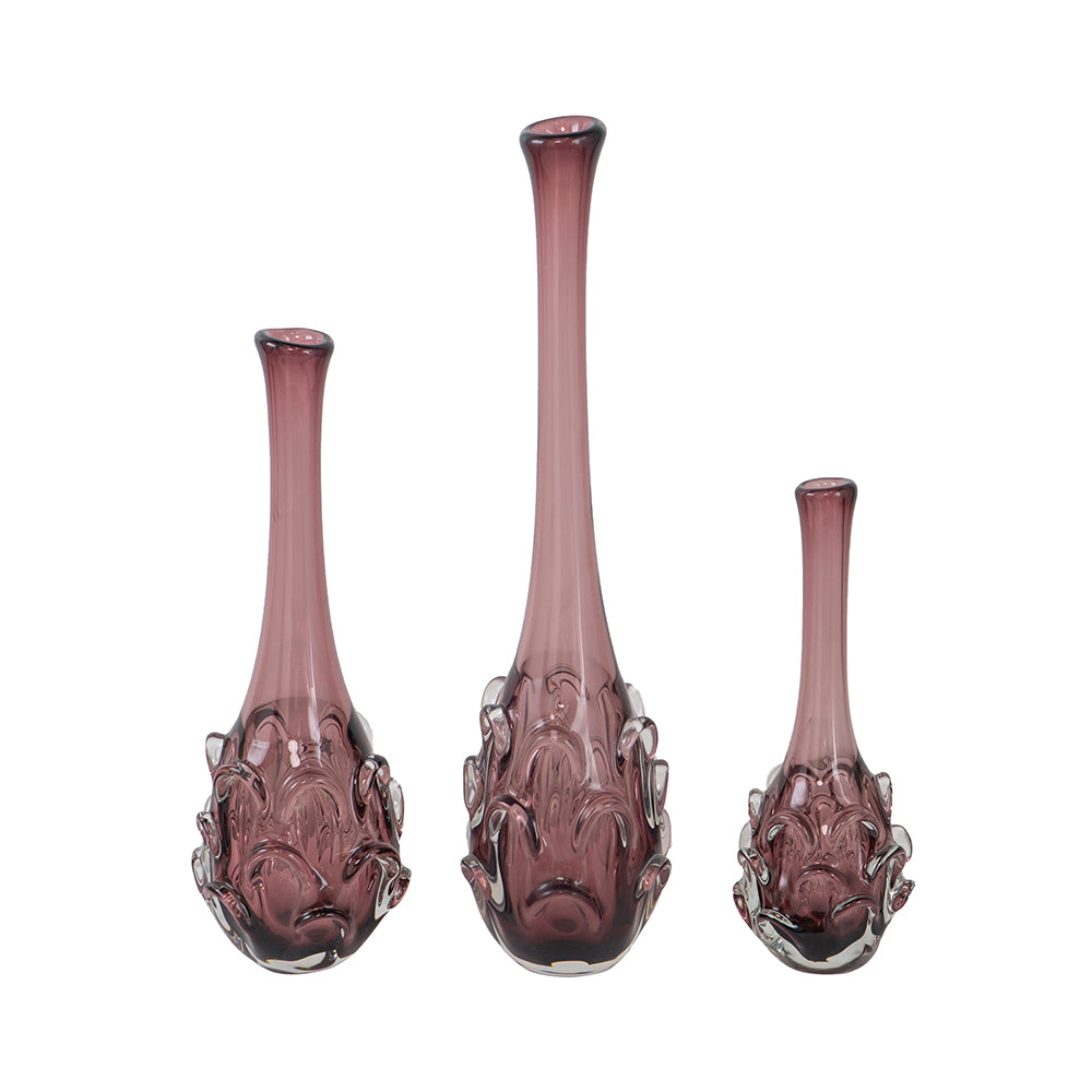 Clear glass vase with a rounded bulbous body tapering to a narrow neck.