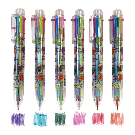 Retractable pen with six ink colors: blue, red, orange, pink, green, and purple.