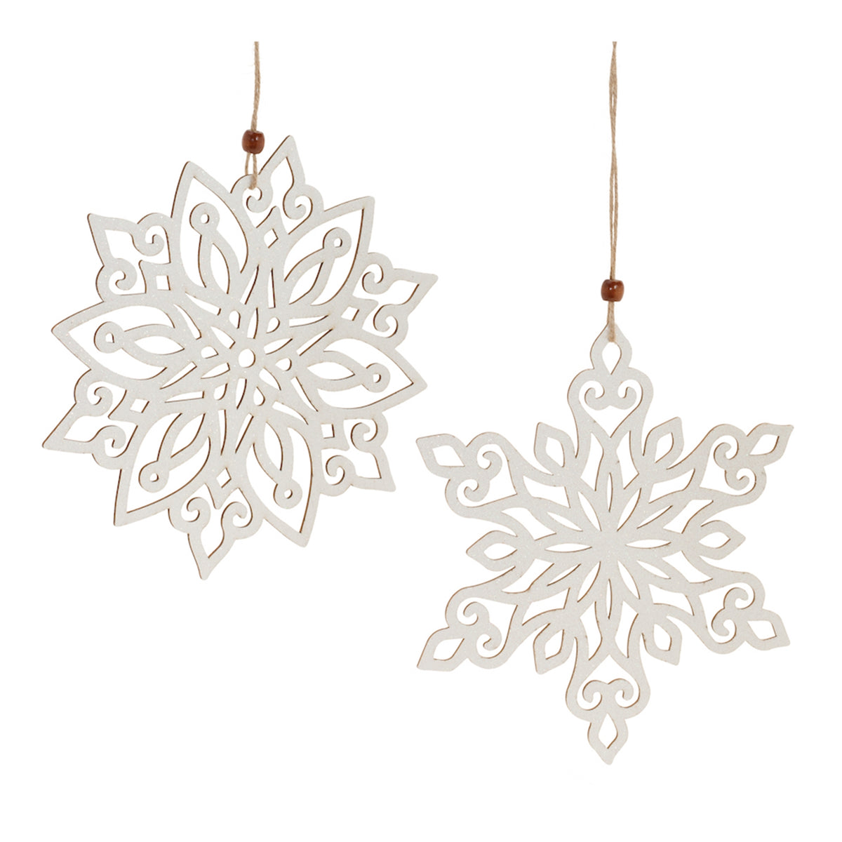 Wood snowflake ornament with white finish measuring nine inches tall.