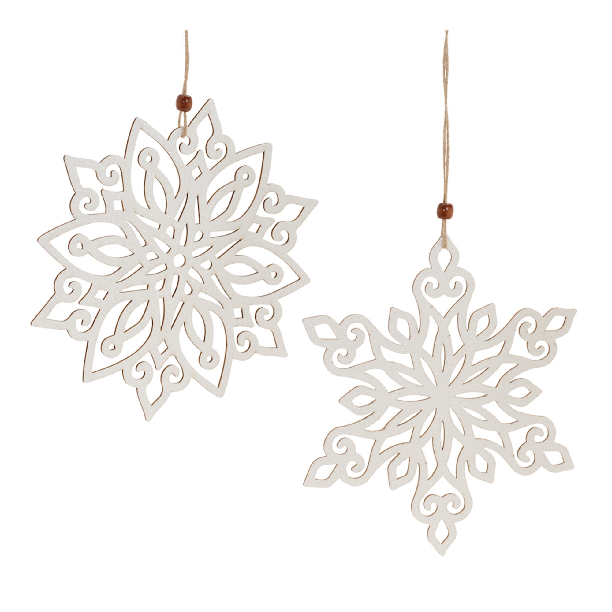 Wood snowflake ornament with white finish measuring nine inches tall.
