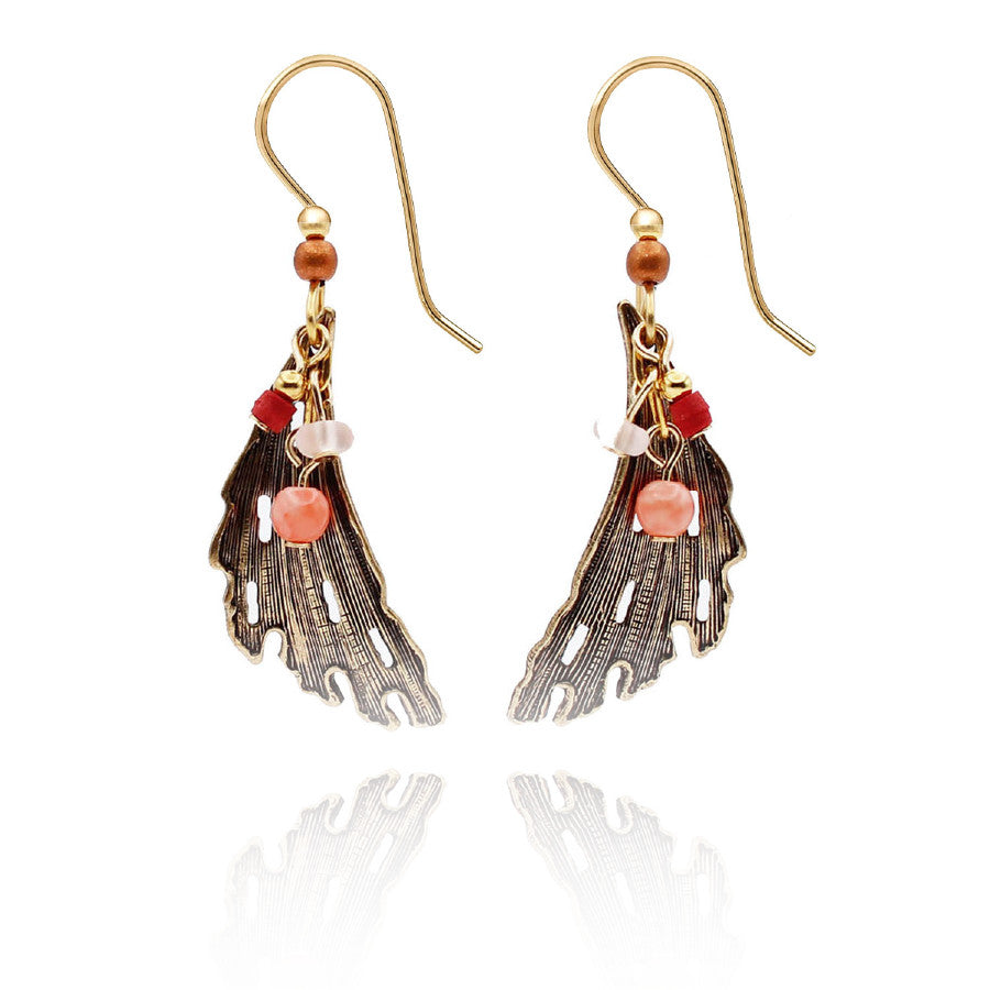 Feather-look earrings with bronze-tone metal wings, colorful beads, and gold-tone fish hook wires.