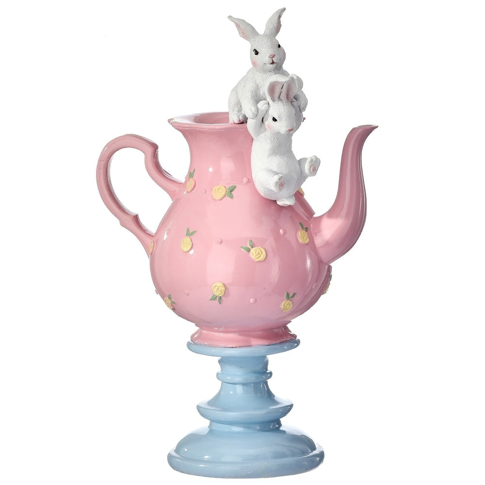 Resin tea pot with playful bunny figures in pastel tones