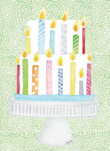 Two-tiered birthday cake with lit candles on a white cake stand against a green polka dot background.