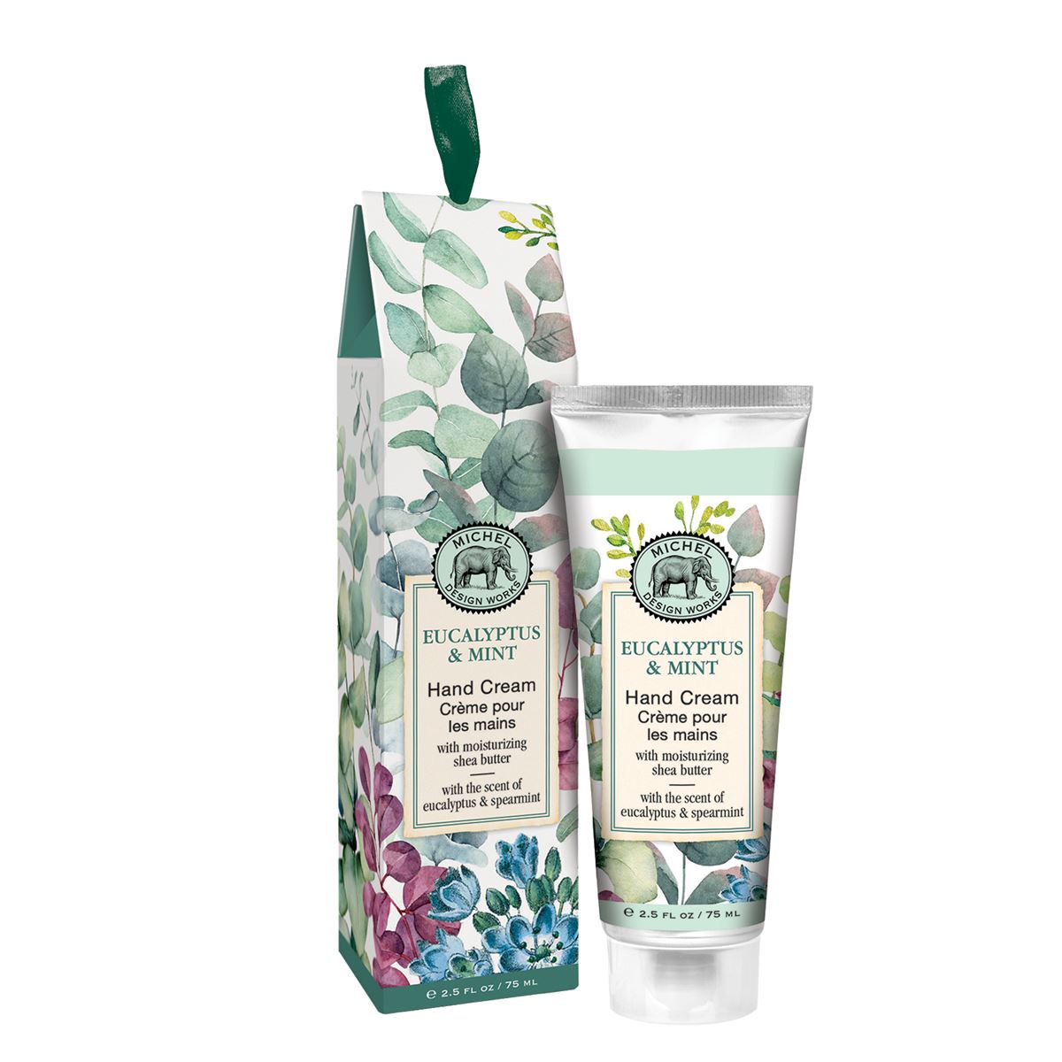 Michel Design Works Eucalyptus & Mint hand cream tube and matching gift box with botanical print.
