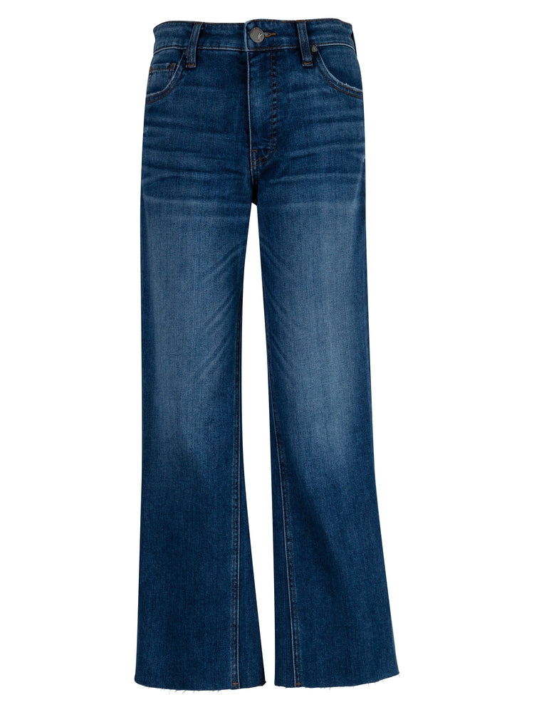 Kelsey high-rise ankle flare jeans in dark wash denim with a five-pocket silhouette.