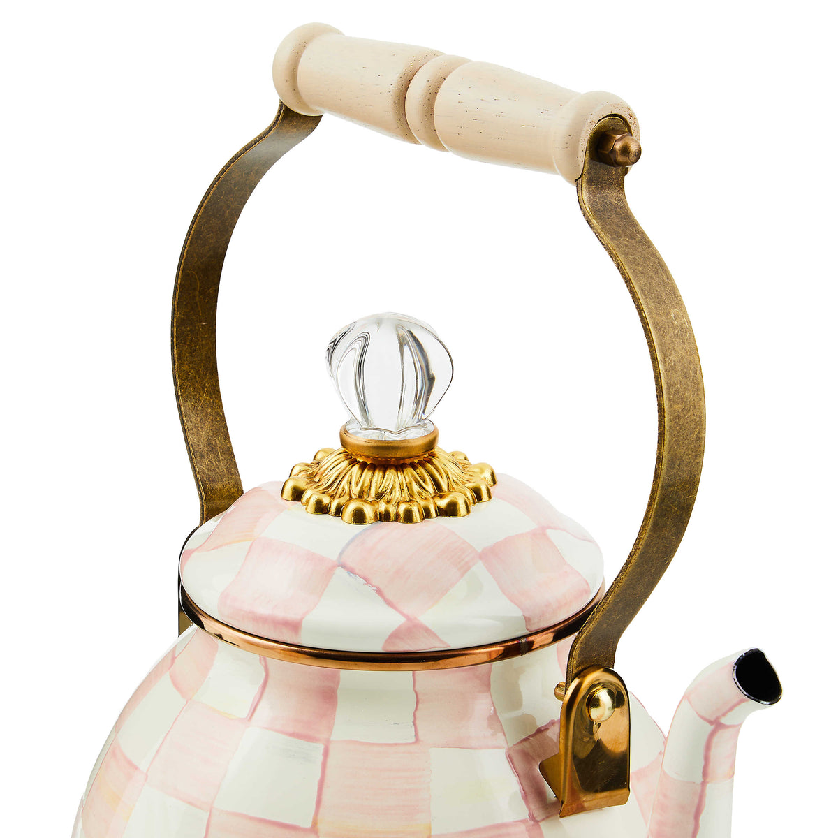 Hand-painted Rosy Check enamel tea kettle with wood handle and brass accents