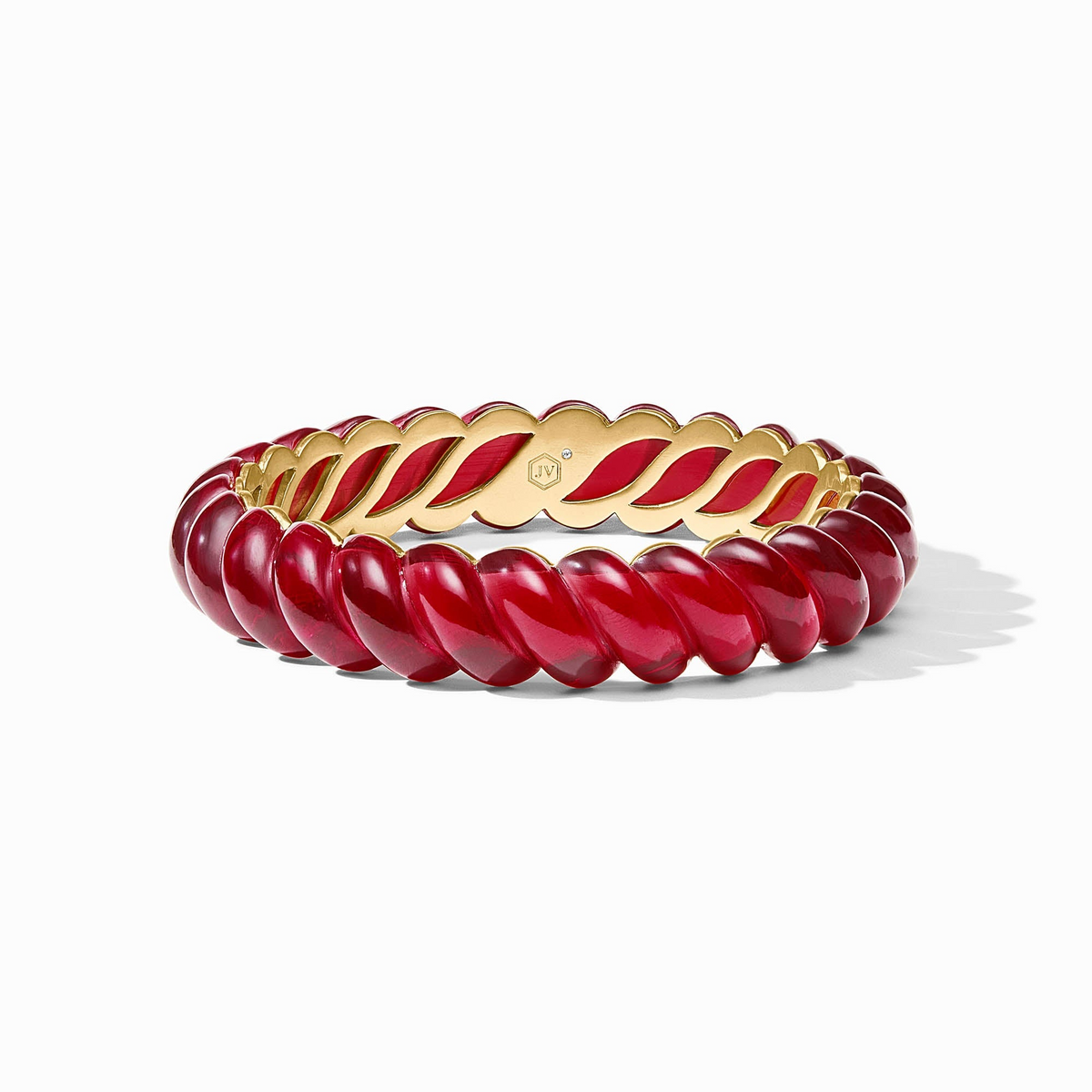 Ravello Statement Bangle in 24K gold plate with a twisted red resin design and hallmark detail.