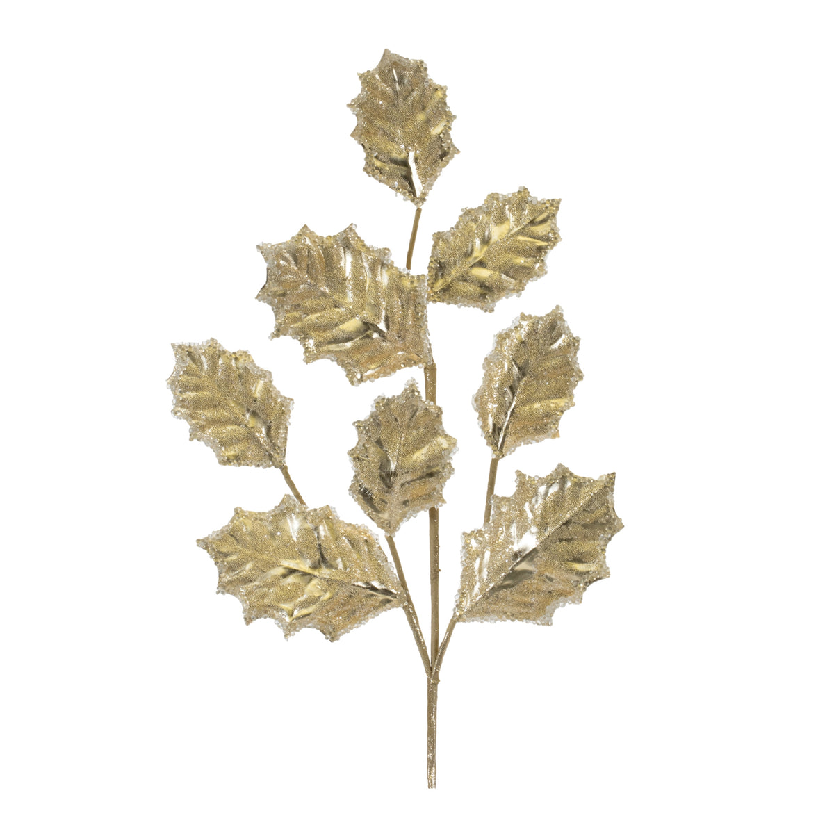 27-inch gold glittered holly spray with seven textured leaves on a central stem.