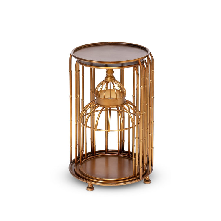 La Voliere Stacking Etagere in a golden finish, featuring a birdcage-inspired steel design.