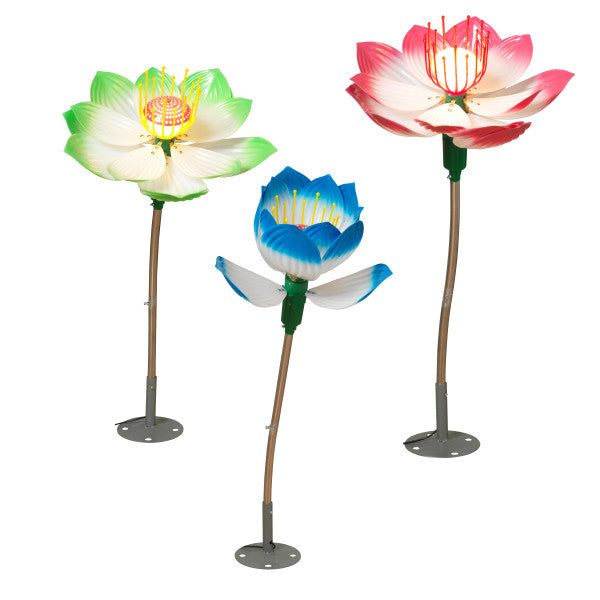 Electric lighted animated lotus flower with ground stake