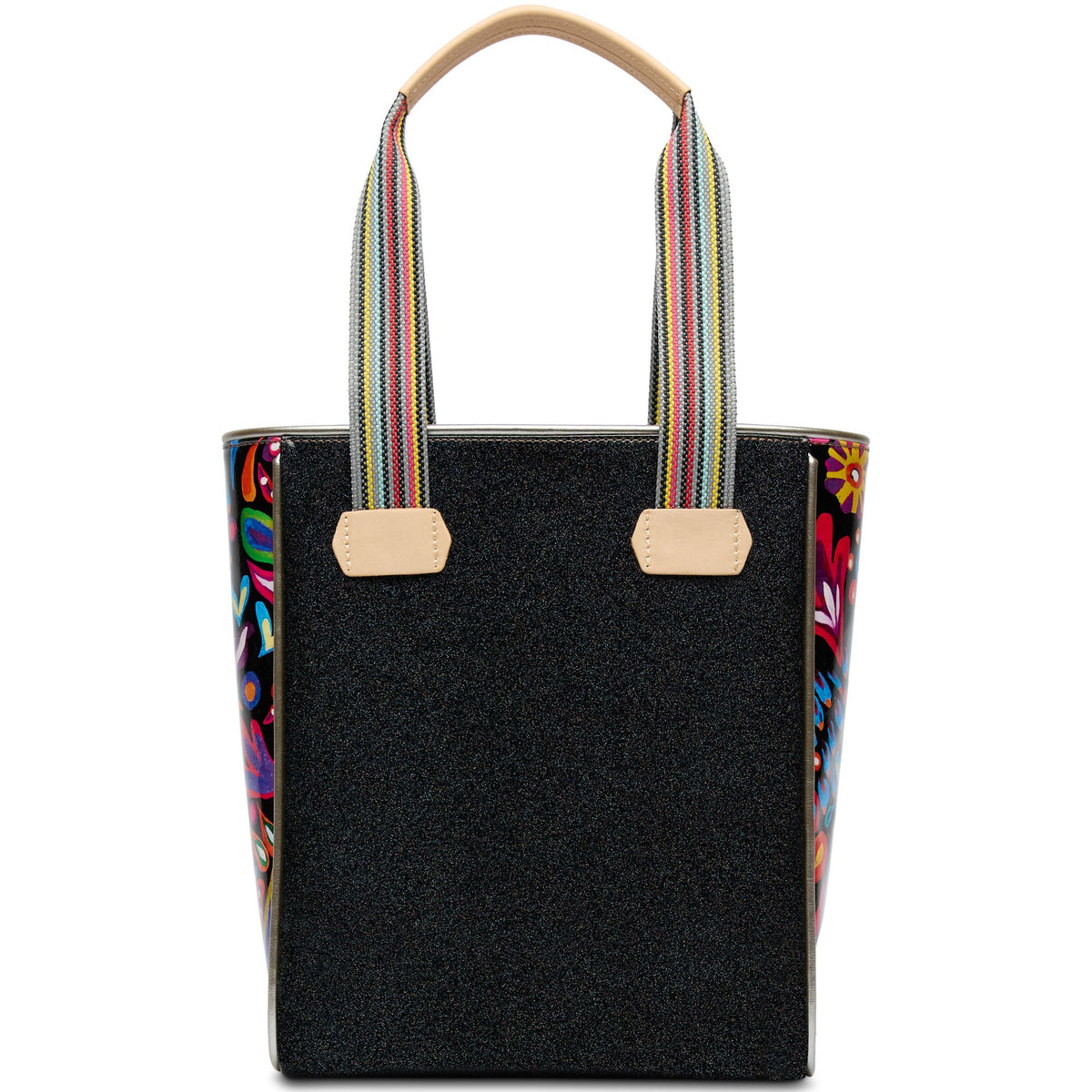 Black glitter Mariana Chica Tote with ivory interior pockets and natural leather trim