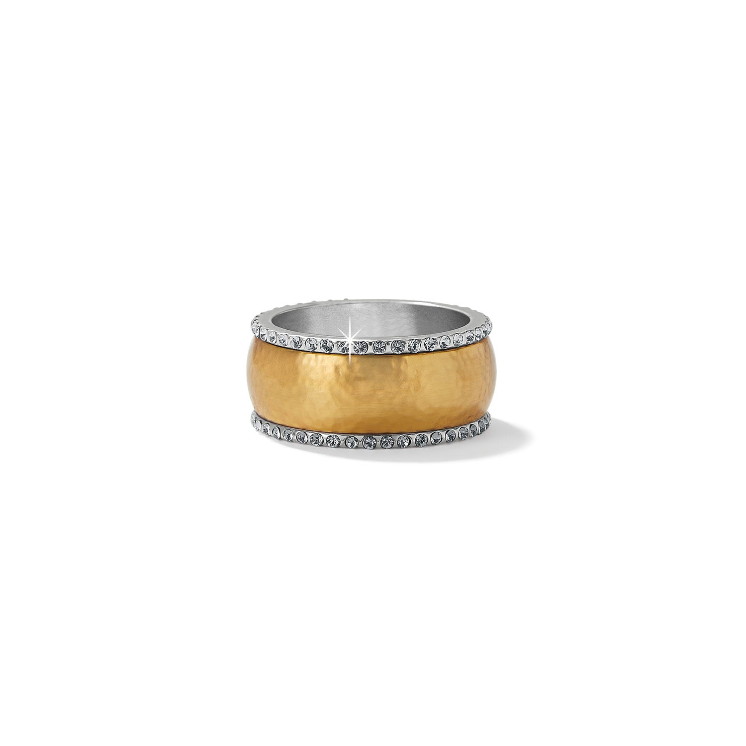 Meridian Geo Band Ring with a hammered gold-plated center and crystal-encrusted silver edges.