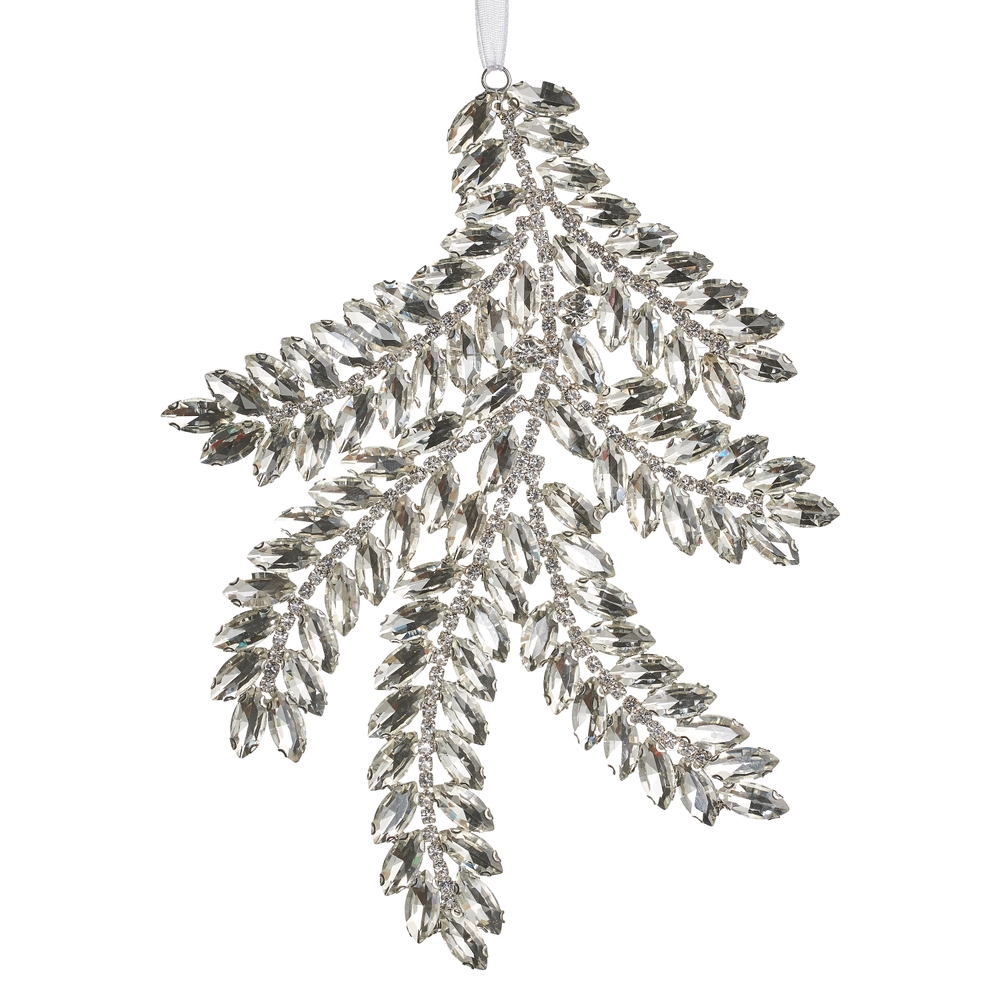 7-inch clear jewel pine branch ornament with faceted crystals and a silver hanging loop.