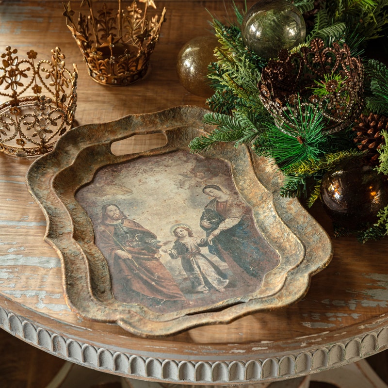 Holy Family Tray in white ceramic with gold rim detailing
