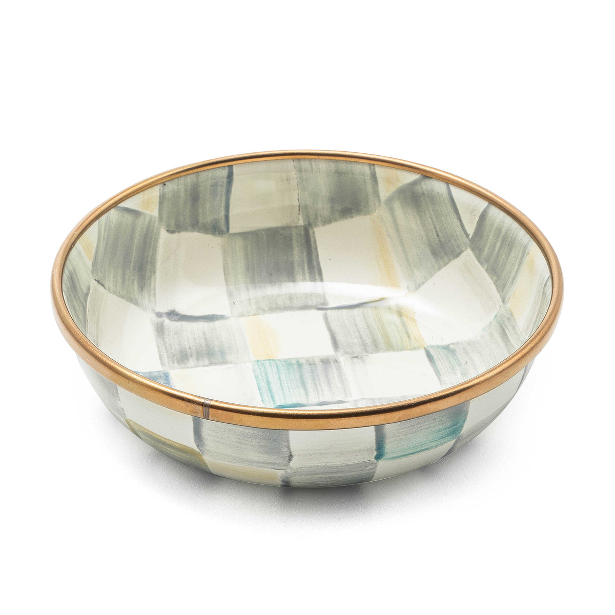 Sterling Check Relish Dish with hand-painted grey and white checks and a bronzed steel rim.