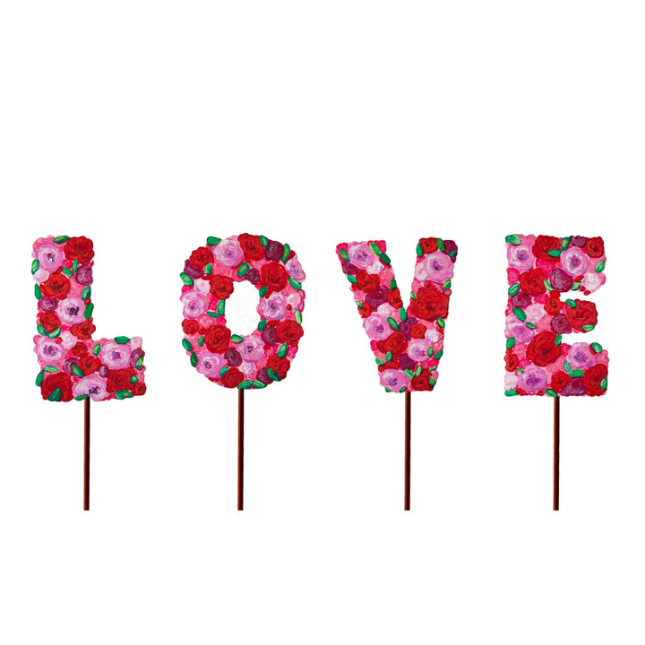 Metal wall art set featuring pink, red, and green floral love letters with a stake function.