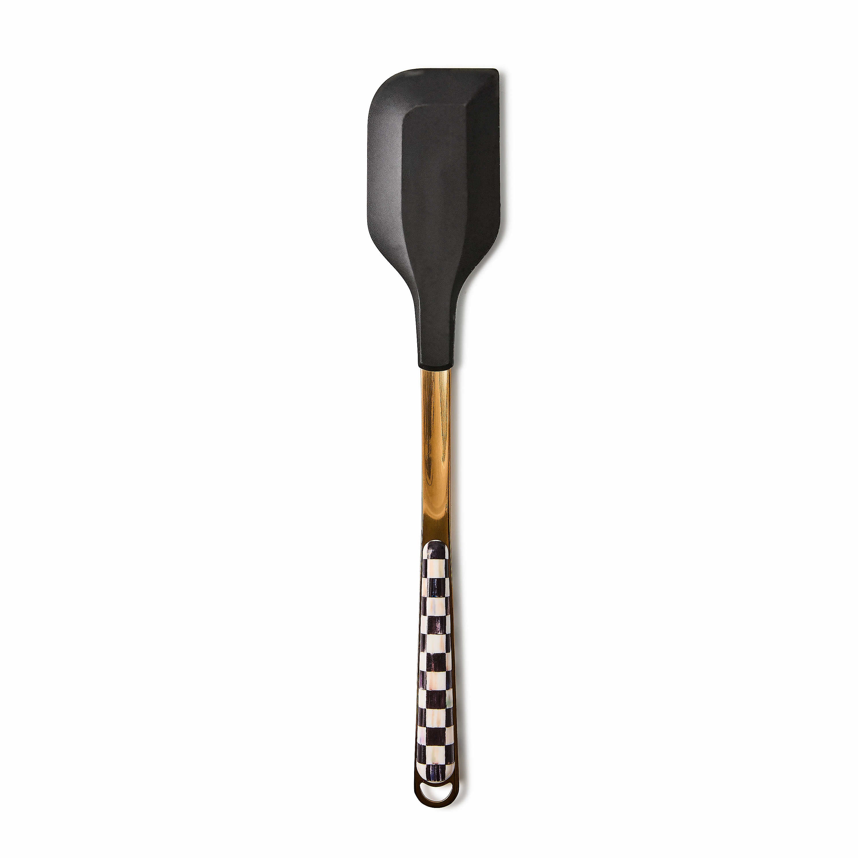 Courtly Check Spatula with a black silicone head and a gold-tone handle with a checkered pattern.