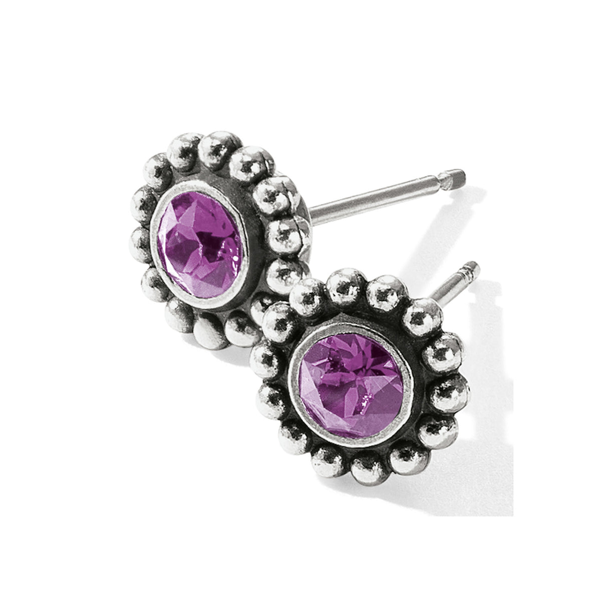 Silver-plated amethyst crystal mini post earrings with a petite drop shape.