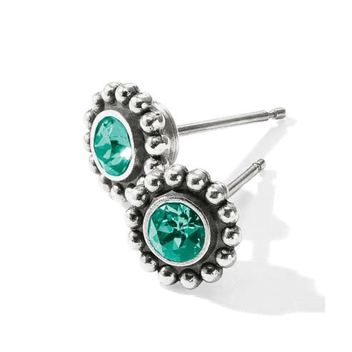 Silver plated emerald crystal mini post earrings with a quarter-inch drop.