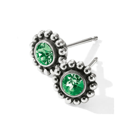 Silver plated mini post earrings featuring a peridot-colored fine quality crystal drop.