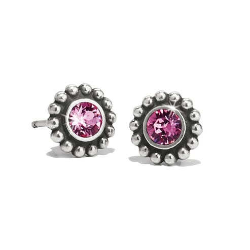 Silver plated mini post earrings featuring a rose-colored fine quality crystal drop.