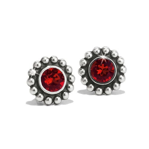 Silver plated mini post earrings featuring a small ruby crystal drop.