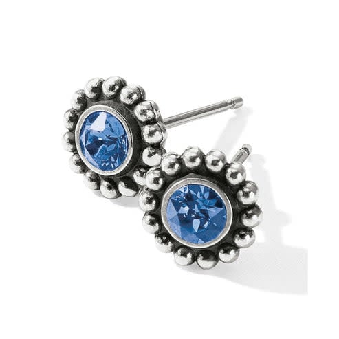 Silver plated sapphire crystal mini post earrings with a quarter-inch drop.
