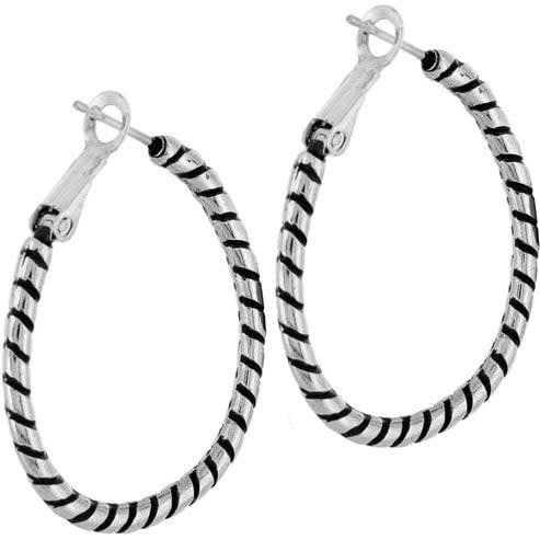 Silver plated oval hoop earrings with a twisted charm detail