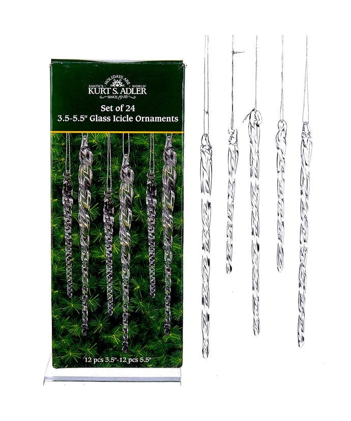 Set of clear twisted glass icicle ornaments with realistic dripping shapes.