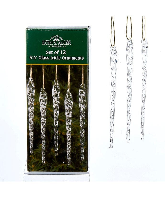 Twisted clear glass icicle ornament with a realistic dripping shape.