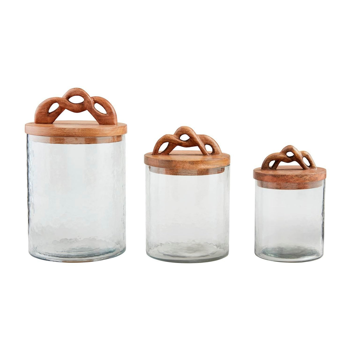 Glass canister with mango wood lid featuring a twisted handle