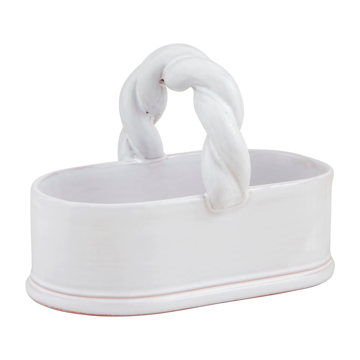 Glazed terracotta tidbit dish with a twisted top handle.