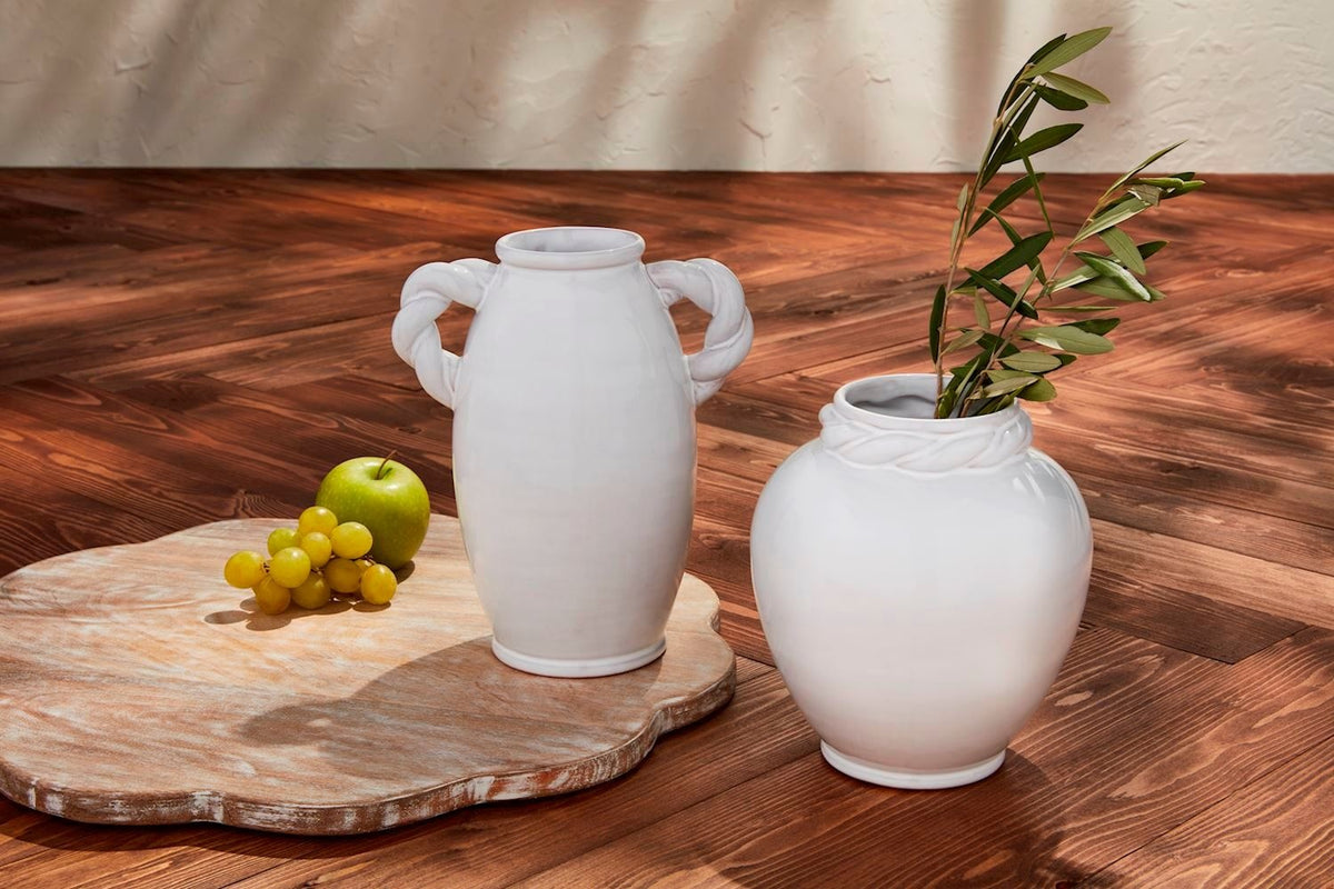 Glazed terracotta twisted vase with textured rim detail