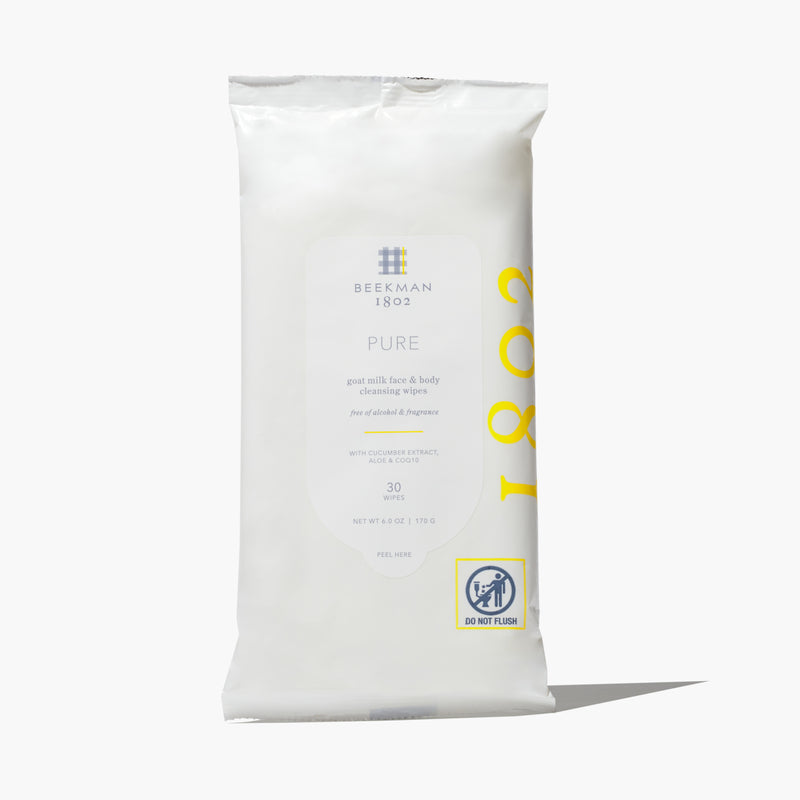 Pack of facial cleansing wipes with goat milk and cucumber in a resealable pouch.