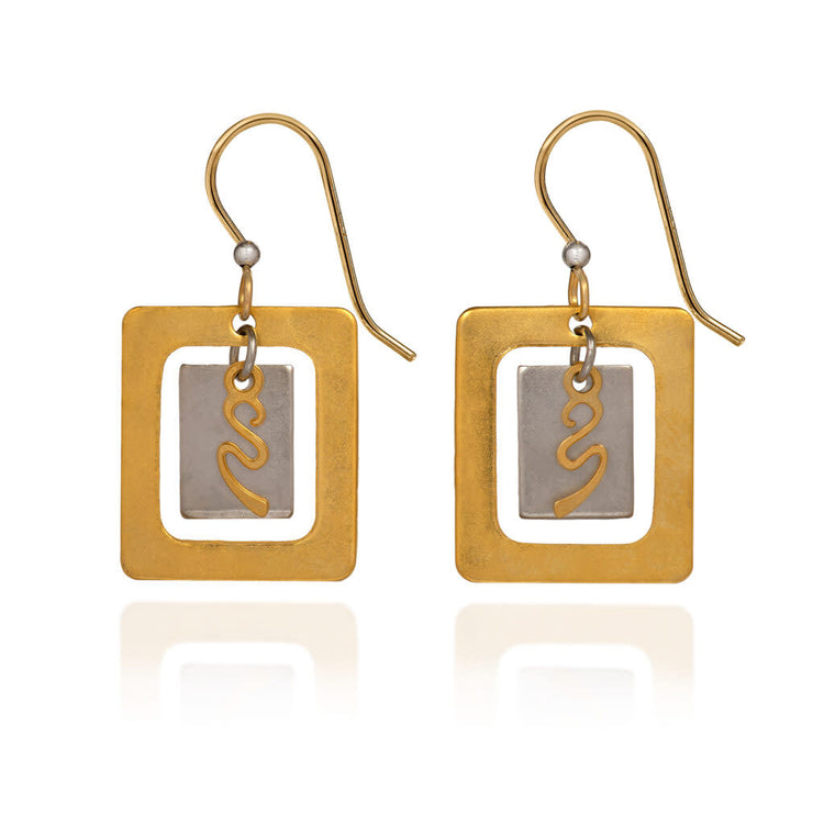 Two square earrings with squiggle accents in raw brass featuring semi-precious stones and glass beads.