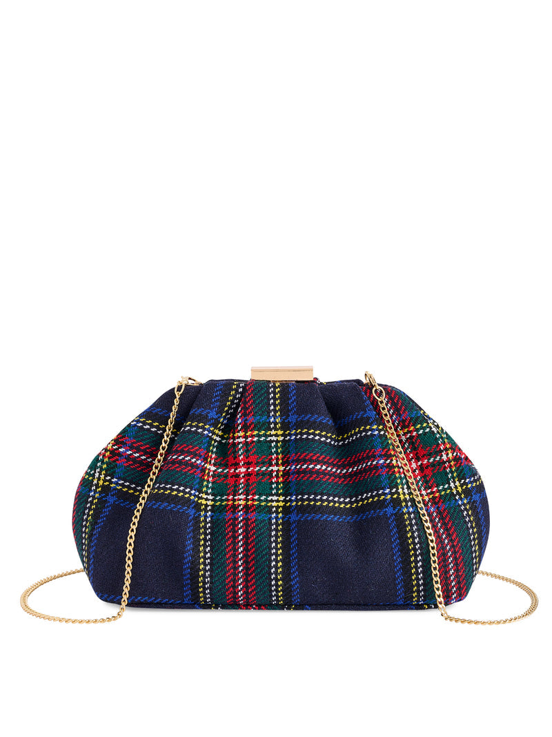 Scottie Clutch in navy blue tartan plaid with a gathered silhouette and gold chain strap.