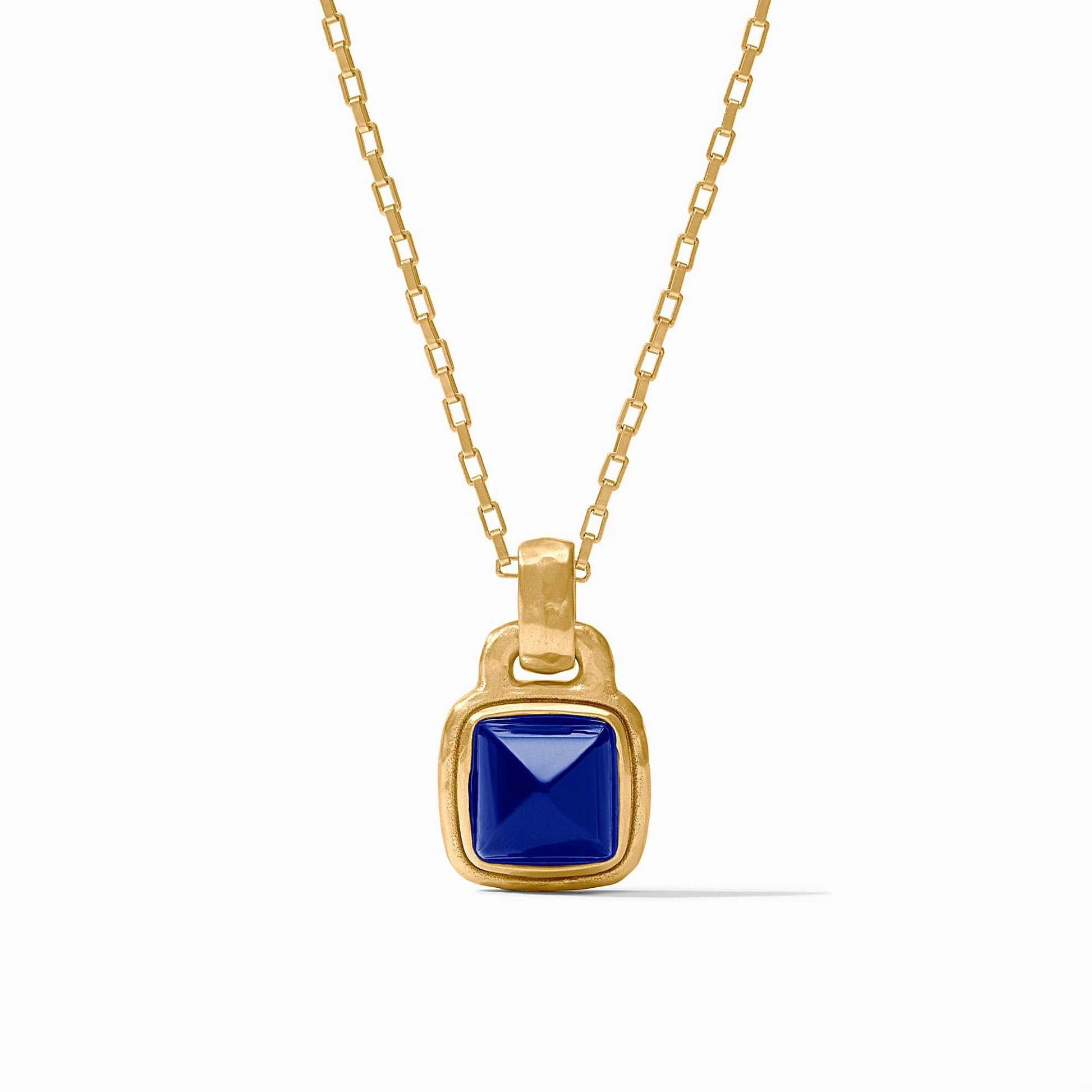 Sahara Solitaire Necklace in 24K gold plate with a square blue glass pendant on a link chain.