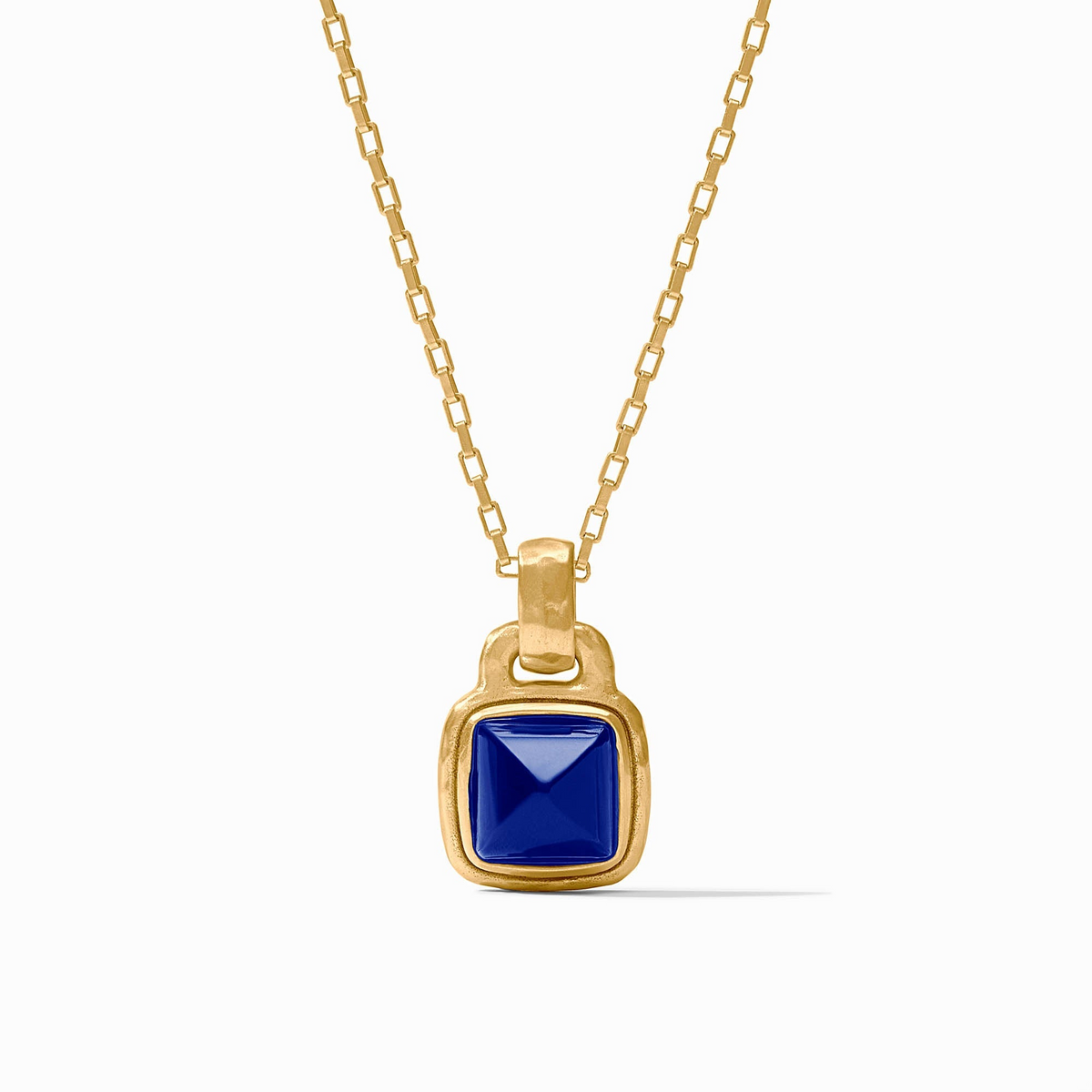 Sahara Solitaire Necklace in 24K gold plate with a square blue glass pendant on a link chain.