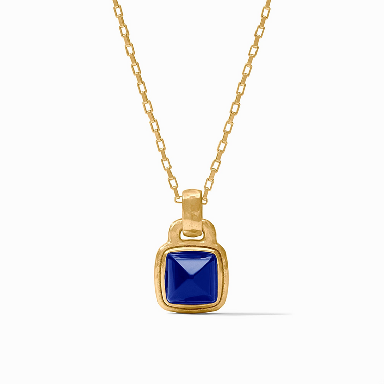 Sahara Solitaire Necklace in 24K gold plate with a square blue glass pendant on a link chain.