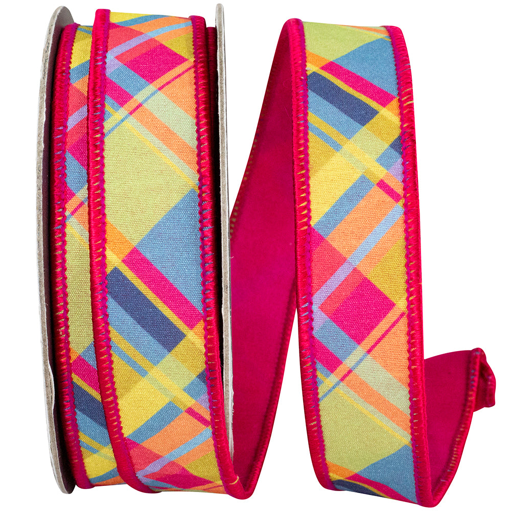 Plaid Florzie Dupioni Deluxe Wired Edge Ribbon in bright pink, yellow, orange, and blue.