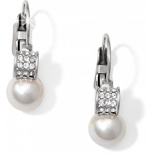 Silver-plated French wire leverback earrings featuring a glass pearl drop with fine quality crystal accents.