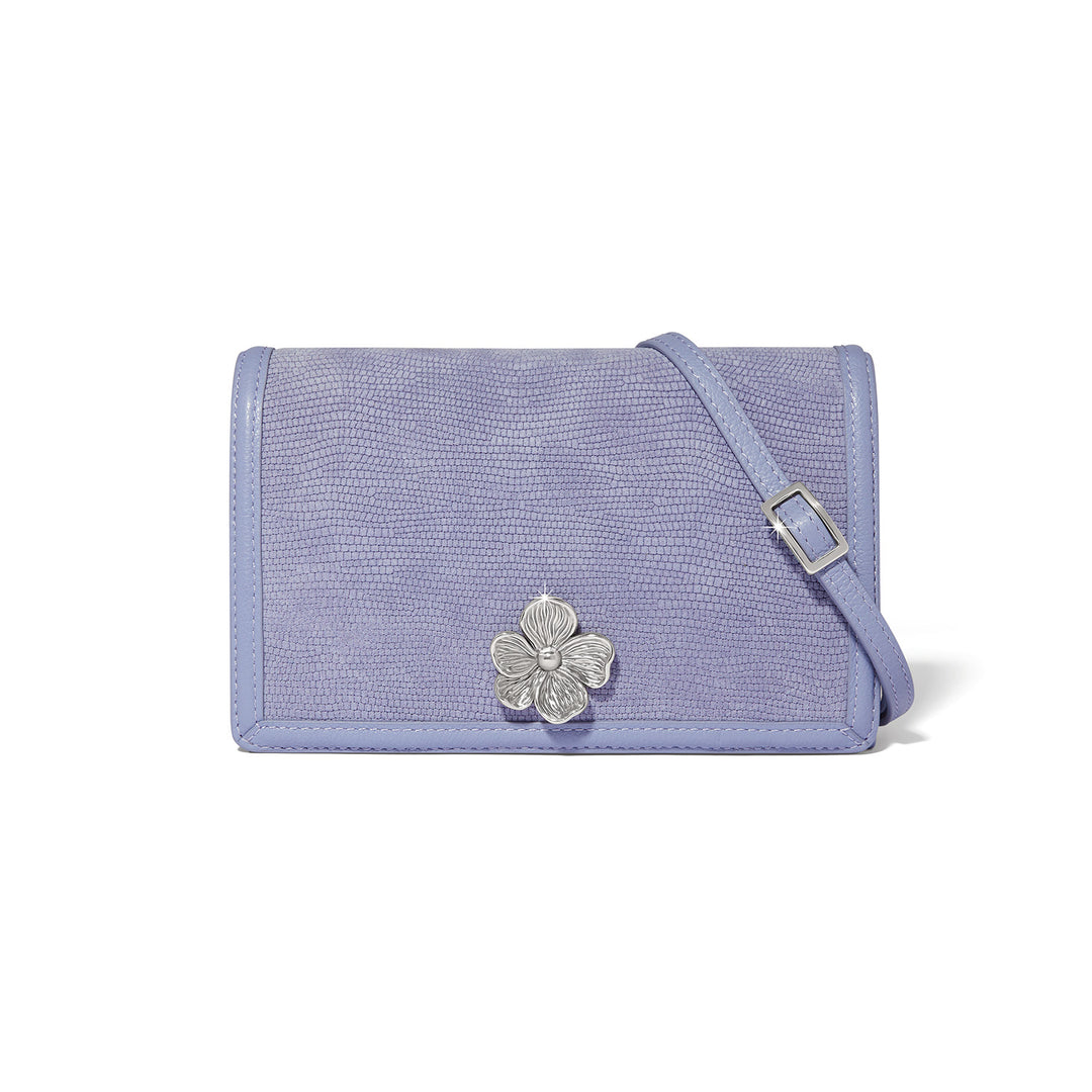 Iris leather Everbloom organizer with adjustable strap, magnetic flap closure, ID window, and multiple interior pockets.