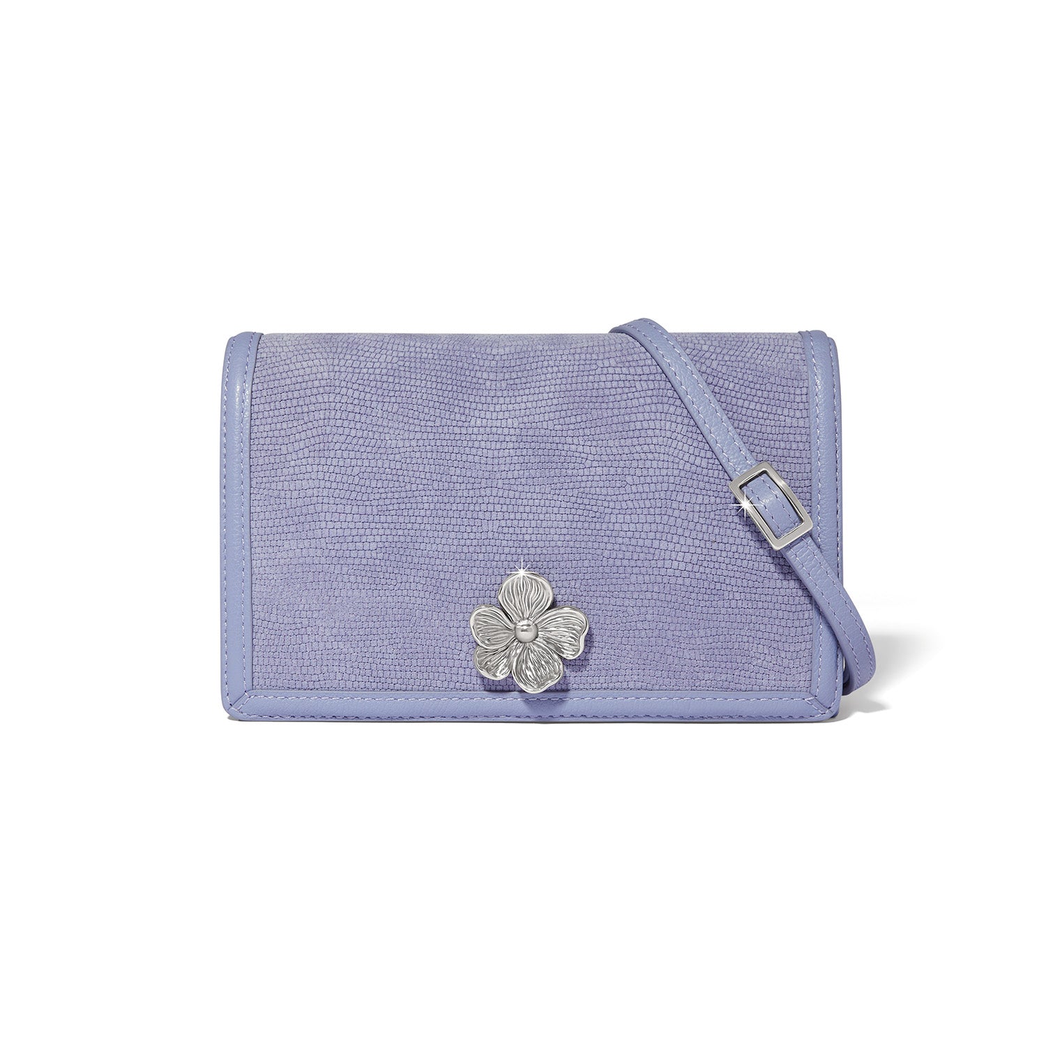 Iris leather Everbloom organizer with adjustable strap, magnetic flap closure, ID window, and multiple interior pockets.