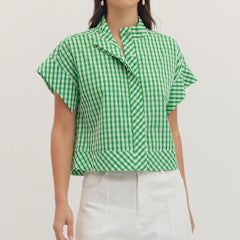 Noemi gingham print cap sleeve top with stand collar in white cotton