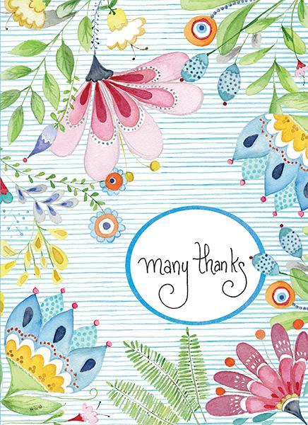 Watercolor floral greeting card with 'many thanks' text on a blue and white striped background.