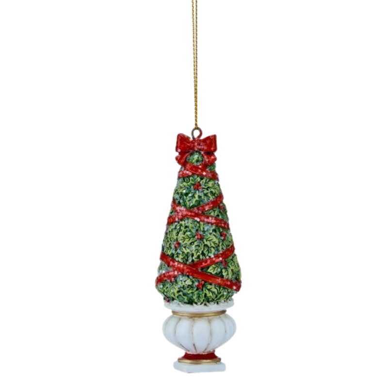 4-inch resin topiary ornament featuring a green holly tree with red ribbons in a white pot.