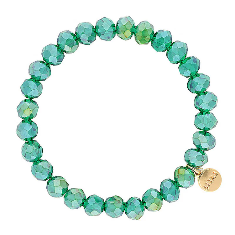 Lizas Quadro Big Bright Colours stretch bracelet with faceted emerald green crystal beads.
