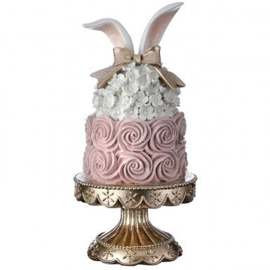 Resin Easter cake stand shaped like bunny ears with glitter finish