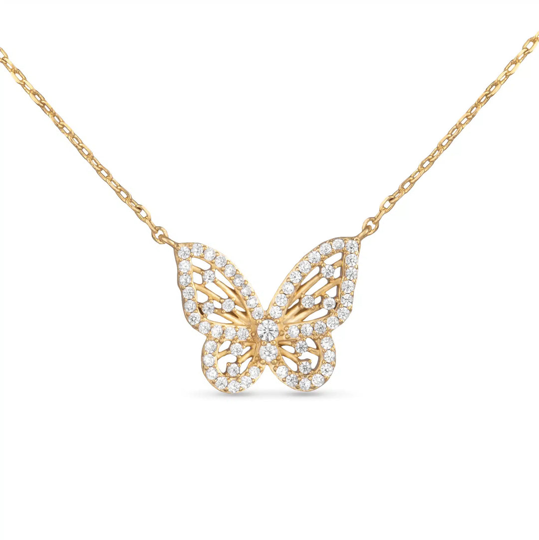 Delicate gold butterfly necklace featuring shimmering cubic zirconia accents on a fine chain.